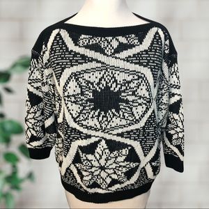 Vintage 80s L. Simsbury Abstract Snowflake Black and White Knit Sweater Size L